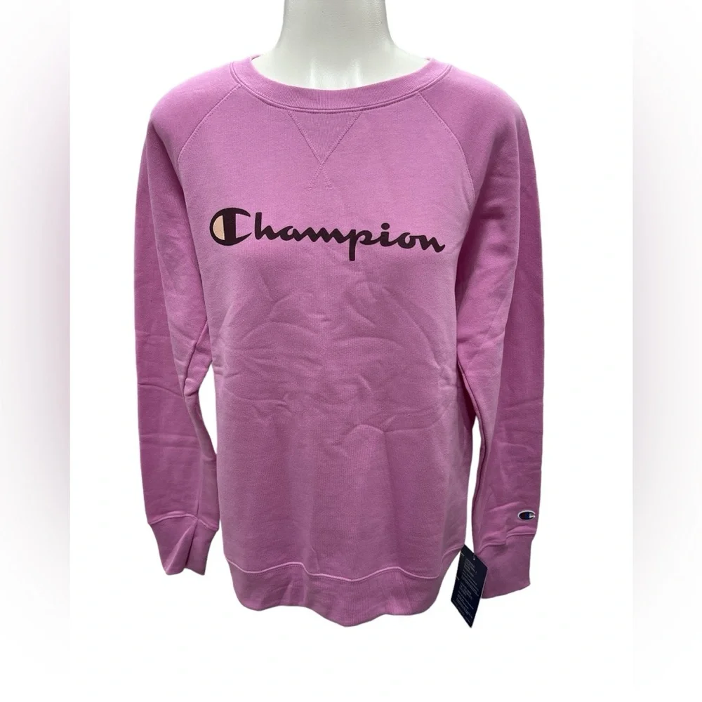 Champion Powerblend Fleece Sweater Relaxed Crew Screen Print Paper Orchid Size M